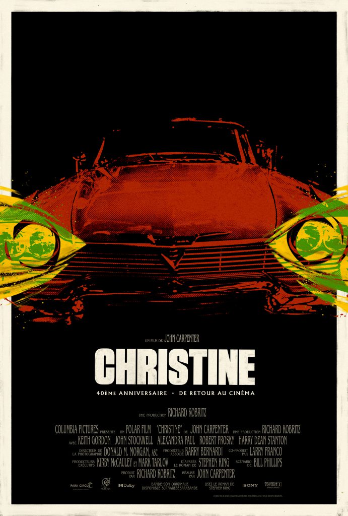 Affiche du film Christine de John Carpenter. Dessin d’une voiture rouge aux phares verts, vu de devant, sur fond noir.