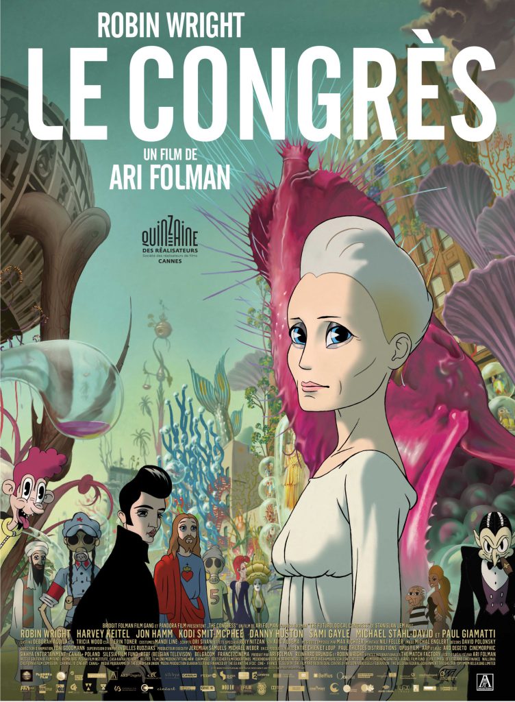 Affiche du film d’animation Le Congrès de Ari Folman. Dessin de plusieurs personnages : une dame âgée, un homme avec une coiffure banane etc. dans un univers fantastique et coloré.