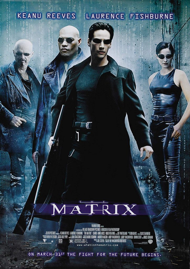 Affiche du film Matrix des sœurs Wachowski. Quatre personnages en vêtement noirs latex et lunettes de soleil, dont un à l’avant tient une arme.