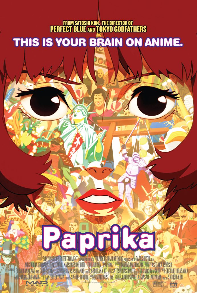 Affiche du film d’animation Paprika de Satoshi Kon. Visage d’un personnage féminin, en transparence, collage de symboles de culture et pop culture. Texte : « From Satoshi Kon, the director of Perfect Blue and Tokyo Godfathers. This is your brain on anime. »