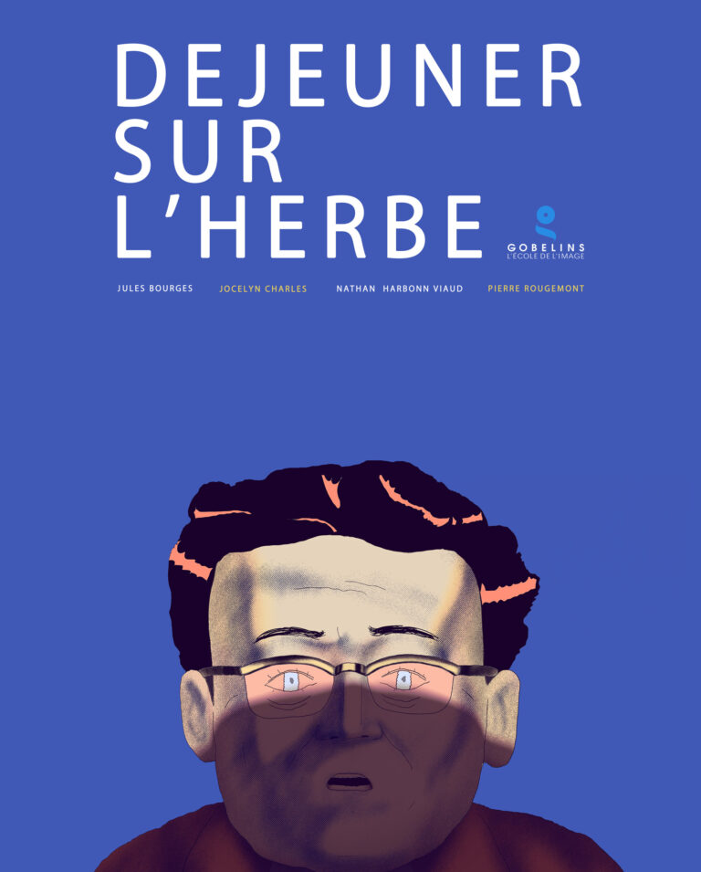 Affiche du film Déjeuner sur l’herbe de Pierre Rougemont, Jocelyn Charles, Jules Bourges et Nathan Harbonn Viaud. Dessin d’un homme à lunettes au visage à moitié à l’ombre, sur fond bleu.