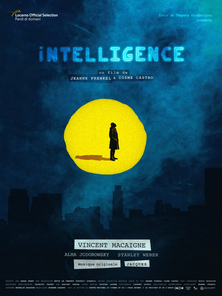 Affiche du film Intelligence de Jeanne Frenkel et Cosme Castro. Un personnage sombre dessiné dans un cercle jaune. En fond, une ville de nuit dans le brouillard.