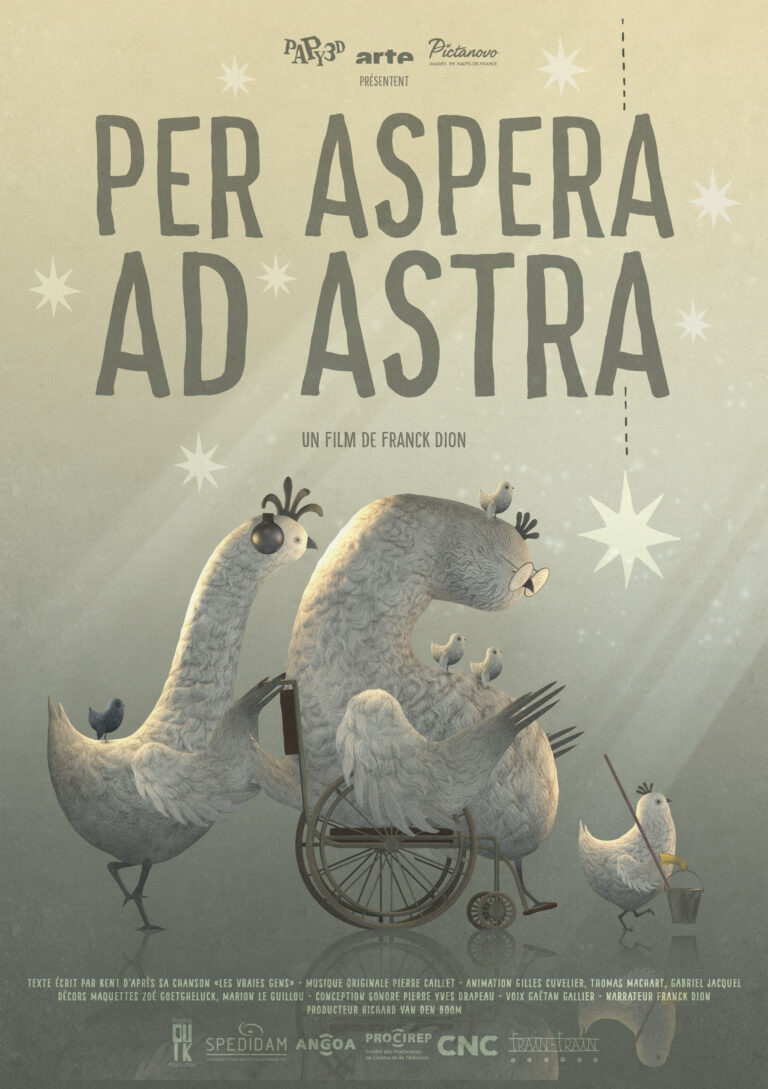 Affiche du film d’animation Per Aspera Ad Astra de Franck Dion. Un oiseau blanc pousse un vielle oiseau en fauteuil roulant, derrière un troisième petit oiseau.