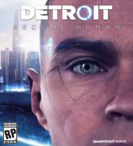 Jaquette du jeu vidéo Detroit : Become Human de Quantic Dream. Un des personnages principaux en gros plan, la moitié de son visage hors du cadre.