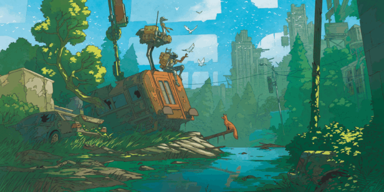 Visuel des Mycéliades. Dans une ville en ruines envahie par la végétation, deux robots explorateurs sont assis sur une rame de métro renversée. Autour d’eux, des arbres et des gratte-ciel en ruine, un renard sur un panneau, et des oiseaux volant dans un ciel bleu.