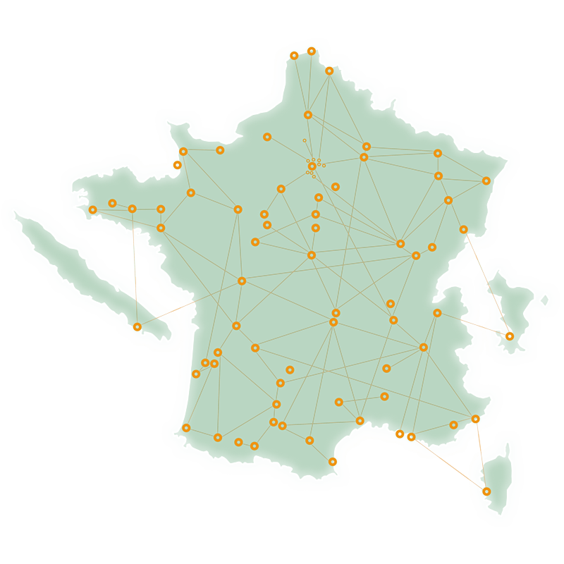 Carte représentant la France Hexagonale + Nouvelle-Calédonie, Mayotte et la Corse avec des points oranges indiquant les villes participantes au festival. Les villes sont indiquées en texte ci-après sur le site internet.