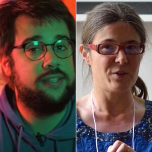 Portraits de Monté, vidéaste de la chaîne Linguisticae et de Machteld Meulleman, maîtresse de conférences en sciences du langage à l’URCA.